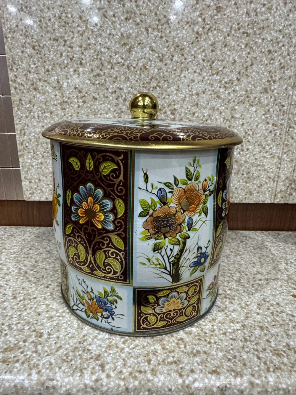 Decorative Floral Tin Canister Made in England with Gold Accent Lidded